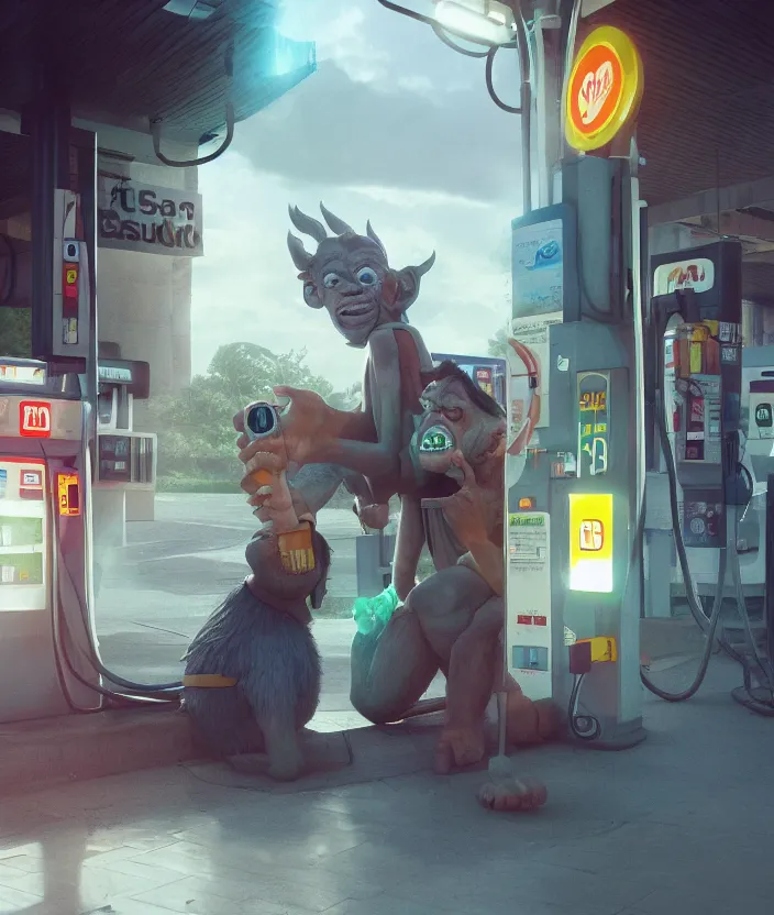 Prompt: a troll drinking gas from a gas station pump. an ogre drinking fuel from a pump. high quality sharp focus, beautiful volumetric light. photograph by tooth wu, wlop, beeple, dan mumfor, octane render, artstation