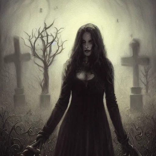 Prompt: a painting of a woman standing in a graveyard, an ultrafine detailed painting by seb mckinnon, featured on cgsociety, gothic art, darksynth, dark and mysterious, ominous vibe