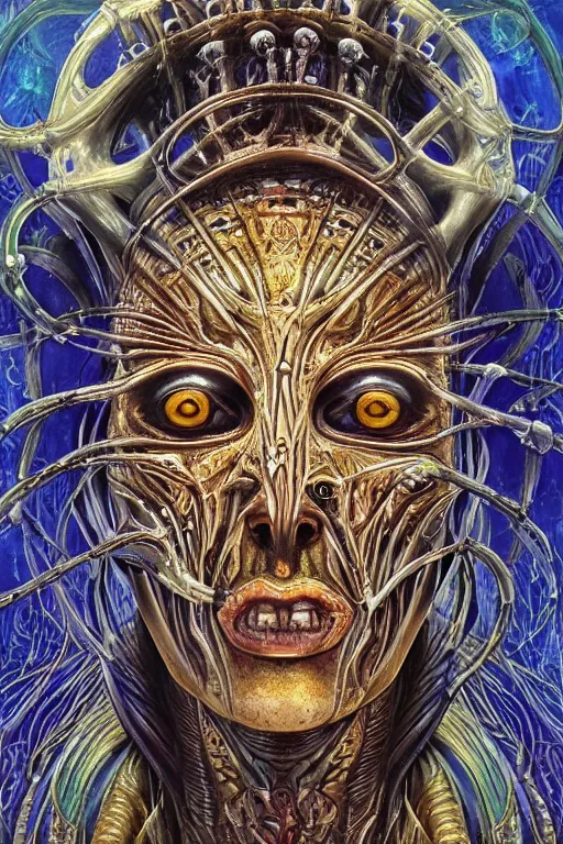 Prompt: Elden Ring and Psytrance DMT entity themed painting of majestic chromatic biomechanical anatomical human undead pharaoh mummy mask closeup face, golden ratio concept, Neo-Gothic concept, infinity hieroglyph waves, intricate artwork masterpiece, very coherent artwork, cinematic, full frontal facial features by Artgerm, art by H.R. Giger, Joseph Michael Linsner, Alex Grey, Johnatan Wayshak, Moebius, Ayami Kojima, very anatomically coherent artwork, trending on cgsociety, ultra high quality model, production quality cinema model, high detail chromatic ink outline, octane render, unreal engine 8k, hyper realism, high detail, octane render, unreal engine, 8k, High contrast