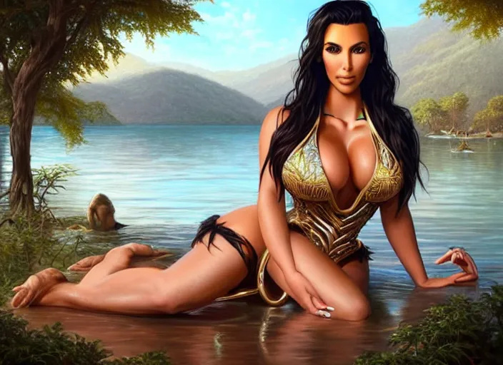 Image similar to candid photo of kim kardashian wearing a hooters outfit, sat by a lake, fantasy, intricate, elegant, highly detailed, digital painting, artstation, concept art, smooth, sharp focus, illustration, art by artgerm and greg rutkowski and alphonse mucha