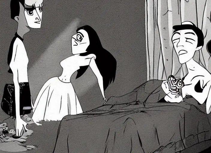 Image similar to still from animated horror movie, animated movie shot, love in denial