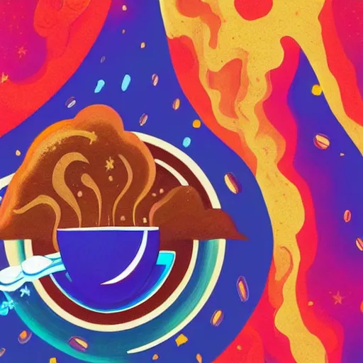 Prompt: dreaming the cosmic coffee, absolute colorful spiritual awakening through the drinking of golden rich subtle coffee, delicious illustration greg rutkowsky, trending on ArtStation high quality wallpaper,