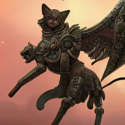 Prompt: the ancient world, hyper complexity, highly detailed, cinematic lighting, pastel colored sunrise, flying robotic cats with gold metal huge wings on its back in the cloudy sky, sharp outlines, complete whole cat body, another sleeping cat face in the clouds watching each other, hyperrealistic, trending on pixiv fanbox, love death robot,