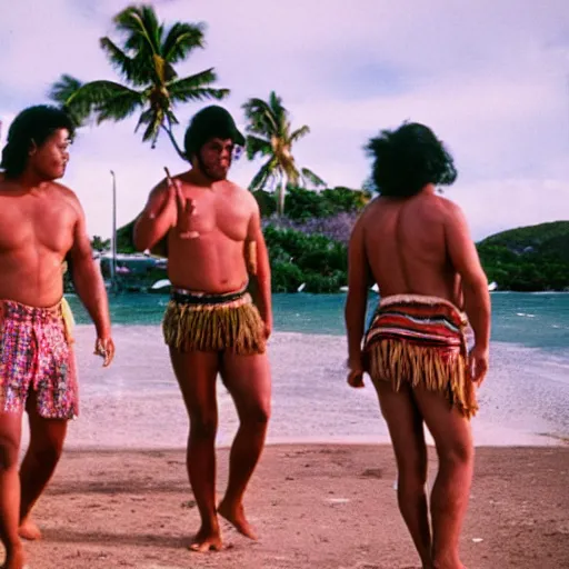 Image similar to samoan hippies from the 6 0 s dancing around a beach, nostalgic, sunny, coconut trees in the background, film, cinematic, kodak film, 3 5 mm, 8 k, 4 k