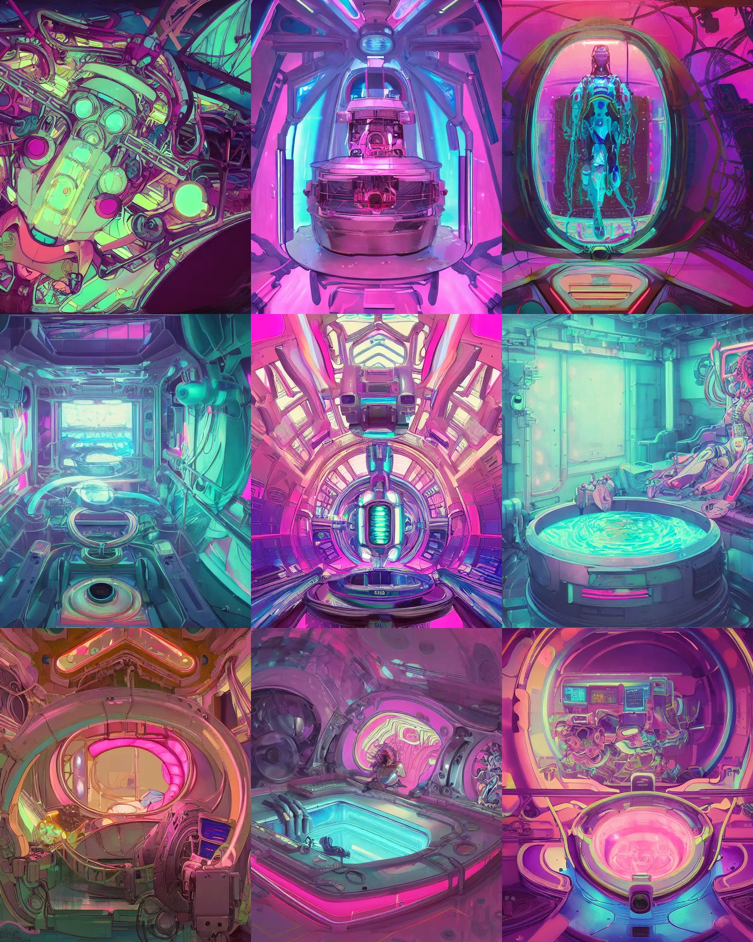 Prompt: the inside of a the inside of a seapunk Mecha stomach glowing pink water Sensory deprivation tank!!!! dark, stomach, cinematic lighting, lined with neon tube lights, vaporwave , digital art, artstation, by WLOP, Ilya repin, alphonse mucha., Very highly detailed 8K, octane, Digital painting, the golden ratio,