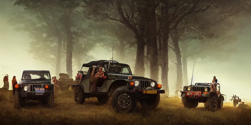 Image similar to Mahindra Thar with tribe members nearby, an epic fantasy, dramatic lighting, cinematic, establishing shot, extremely high detail, photorealistic, cinematic lighting, artstation, by simon stalenhag, horizon forbidden west