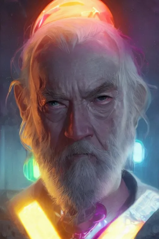 Image similar to portrait of cyborg Dumbledore in cyberpunk, neon lighting, night city, digital art from artstation by Ruan Jia and Mandy Jurgens and Artgerm and william-adolphe bouguereau and Greg Rutkowski