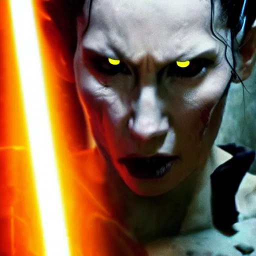 Image similar to evil mutant corrupted rey, using the force to kill, sith lord, dark side, cinematic movie image, both hands raised to use the force, yellow eyes, hd star wars photo