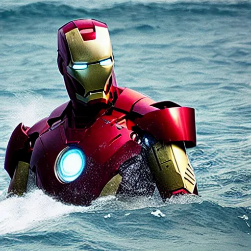 Image similar to film still of iron man eaten by a shark from jaws, photography, trailer