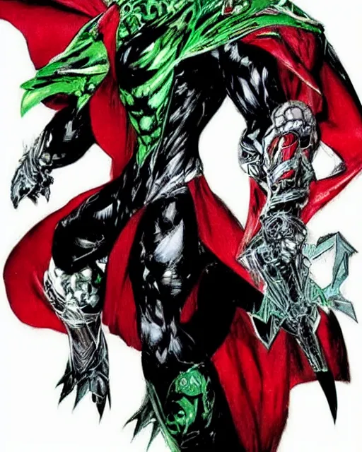 Prompt: Spawn from DC comics by Yoshitaka Amano