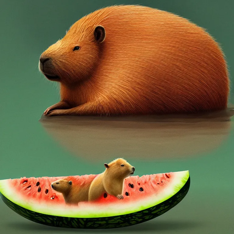 Image similar to a capybara floating in the oceon resting its head on a watermelon cut in half, octane render, trending on artstation, greg rutkowski very coherent symmetrical artwork. cinematic, hyper realism, high detail, octane render, 8 k