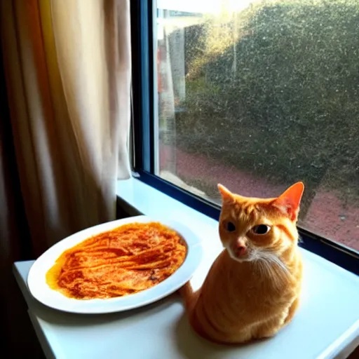 Prompt: fat orange tabby cat eating lasagna on a table, afternoon, by michelangelo neighborhood outside window