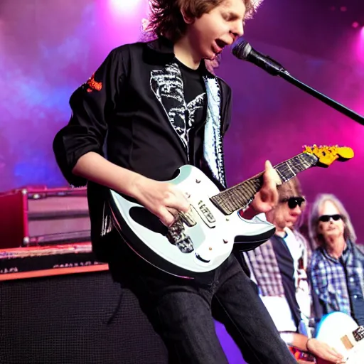 Prompt: michael cera playing guitar at an aerosmith concert, photo, detailed, 4 k