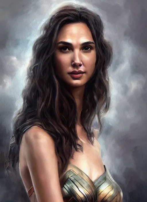 Image similar to a beautiful painting of Gal Gadot , very detailed, 4K, epic , trending on artstation, hd, masterpiece