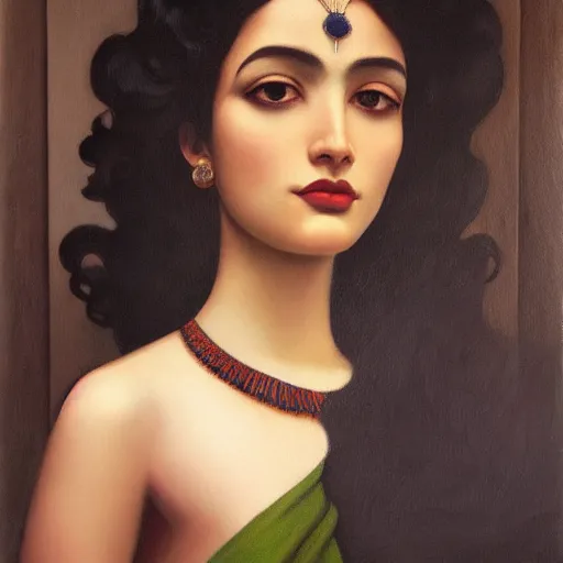 Image similar to a oil painting of a fair skin with dark curly stylised hair queen wearing dress, by nicholas roerich, by georgia o keeffe by frederick william elwell, by otomo highly detailed, realistic, concept art, jewels, oriental, desaturated