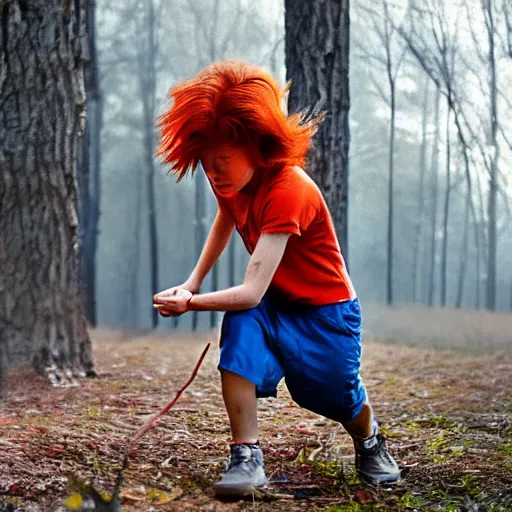 Prompt: a photo of a boy with firey hair in the woods training his powers 1 9 7 7 photo, realistic, photorealistic, detailed,