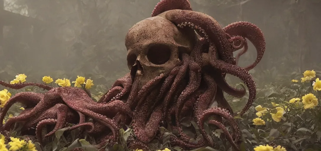 Prompt: an octopus in the shape of a skull surrounded by flowers ( at midnight ), foggy!, cinematic shot, photo still from movie by denis villeneuve, wayne barlowe