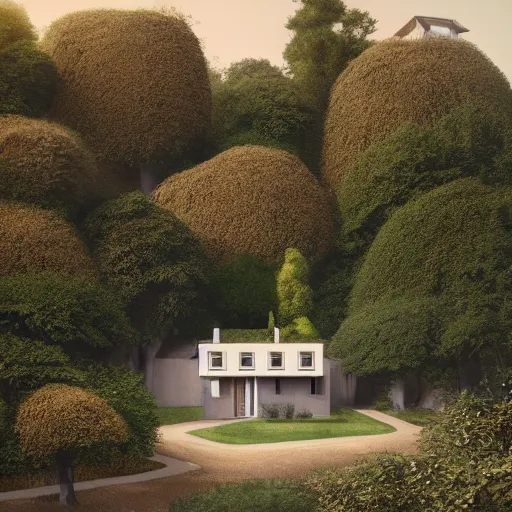 Prompt: beige house with collumns around a garden, on a hill surrounded by big trees, dramatic lighting, artstation, matte painting, raphael lacoste, simon stalenhag, frank lloyd wright, drone view