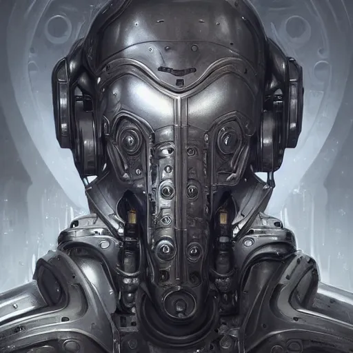 Image similar to portrait painting of a cybernetic grey ravenlike cyborg with power armor, ultra realistic, concept art, intricate details, eerie, highly detailed, photorealistic, octane render, 8 k, unreal engine. art by artgerm and greg rutkowski and alphonse mucha