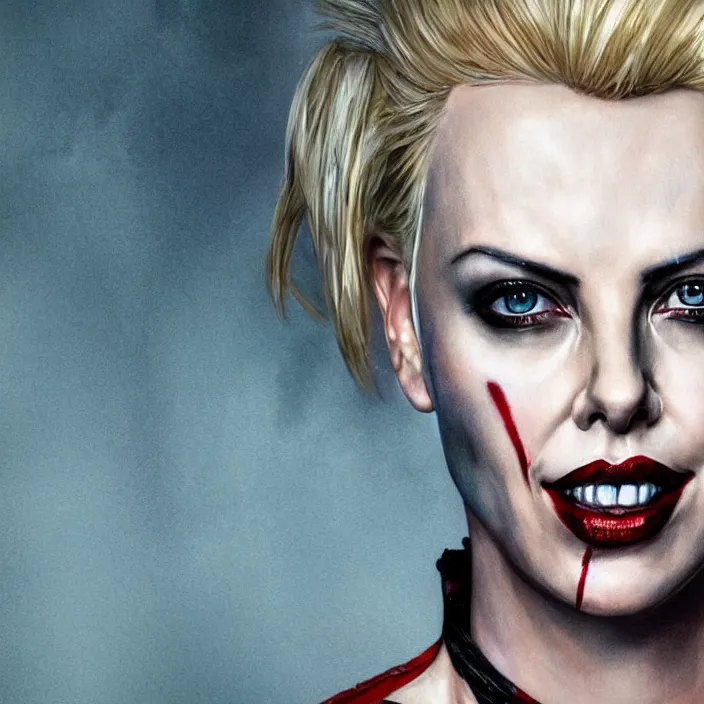 Prompt: portrait of Charlize Theron as a harley quinn. intricate abstract. intricate artwork. by Tooth Wu, wlop, beeple, dan mumford. octane render, trending on artstation, greg rutkowski very coherent symmetrical artwork. cinematic, hyper realism, high detail, octane render, 8k, iridescent accents