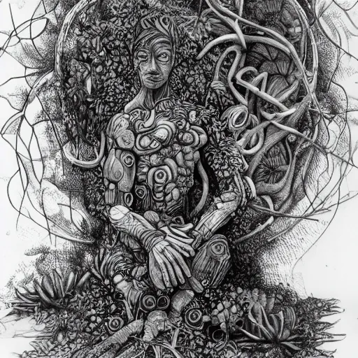 Prompt: botanical sketch of a cybernetic The thinker sculpture with mushrooms and peyote at the base, surrounded by a lush jungle and vines, high detail, b&w,