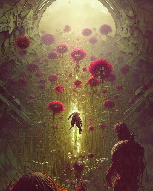 Image similar to the platonic ideal of flowers, rotting, insects and praying of cletus kasady carnage davinci dementor chtulu mandelbulb mandala ponyo the last of us dinotopia the witcher, fantasy, ego death, decay, dmt, psilocybin, concept art by greg rutkowski and simon stalenhag and alphonse mucha