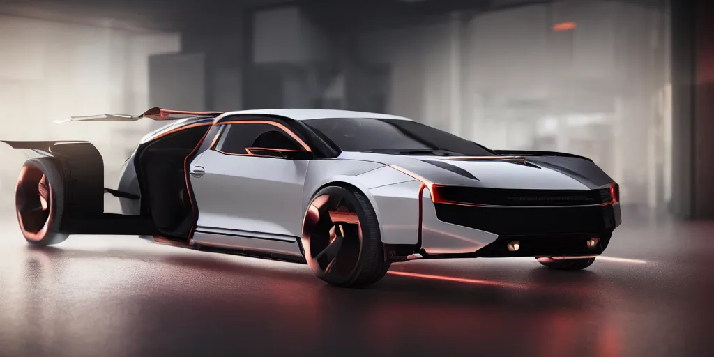 Prompt: a design of a futuristic DMC Delorian, designed by Polestar, blade runner background, back view, rose copper car paint with white line accent detailing, black windows, sportscar, black show room, dramatic lighting, octane rendering, unreal engine rendering, hyper realistic render, depth of field, octane rendering