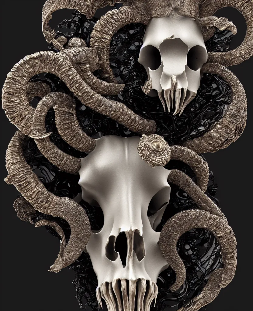 Image similar to goddess princess face close-up portrait ram skull. sculpture made of black stone with elements made of polished gold. jellyfish phoenix head, nautilus, orchid, skull, betta fish, bioluminiscent creatures, intricate artwork by Tooth Wu and wlop and beeple. octane render, trending on artstation, greg rutkowski very coherent symmetrical artwork. cinematic, hyper realism, high detail, octane render, 8k