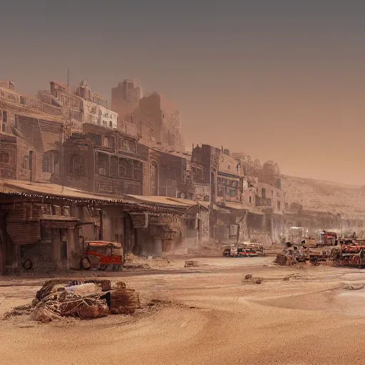 Image similar to dusty old town in the middle of desert surrounded by sandstorm, scorching heat, sun, midday, concept art, sharp, artstation, cgsociety