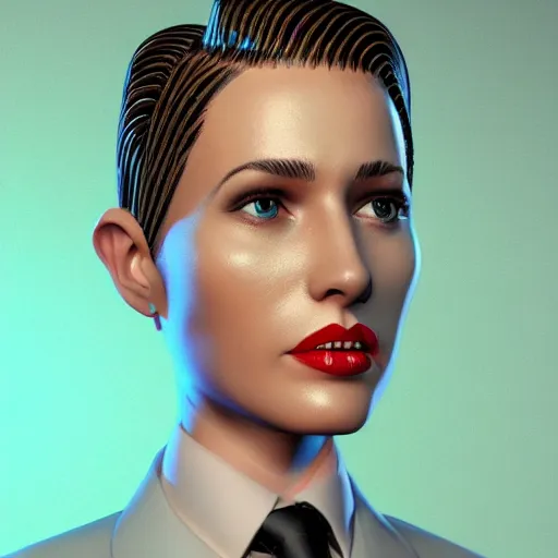 Image similar to stylish woman cartoon portrait made out of rain, pinstripe suit, short blond hair, galactic background, rendered in octane, unreal engine, highly detailed, trending on artstation, realistic, neon, beautiful