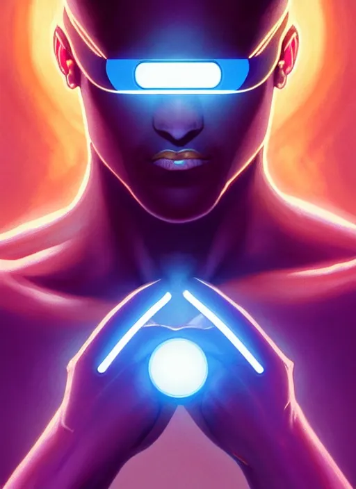 Image similar to symmetry portrait of cyclops from x - men : the animated series ( 1 9 9 2 ), glowing lights, intricate, elegant, highly detailed, digital painting, artstation, concept art, smooth, sharp focus, illustration, art by artgerm and greg rutkowski and alphonse mucha