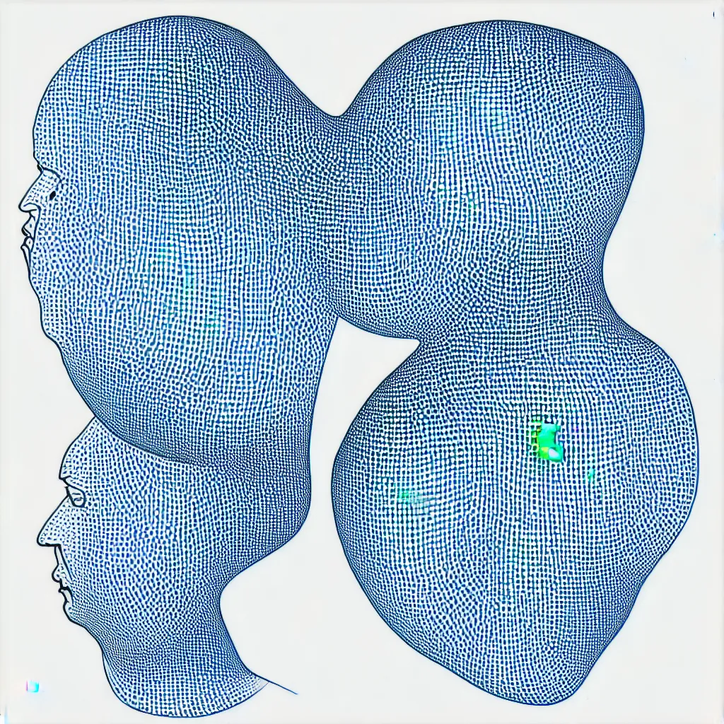 Prompt: a formal self portrait by the artist kelbv, in distinct hyper precise fineliner style with cuboids neatly curving above his head, and exploded body filled with light blue and white spheroids, perfect bright studio lighting.