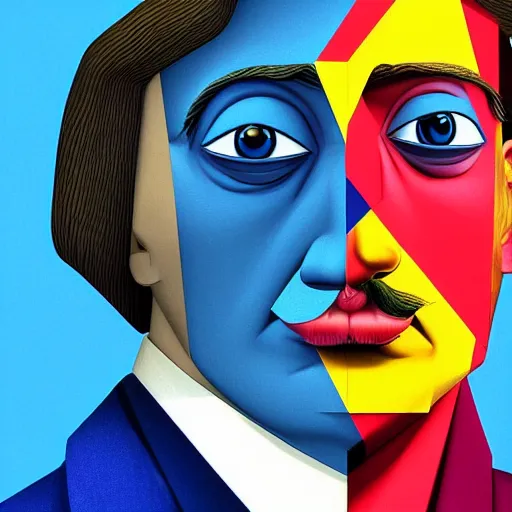 Image similar to ultra realistic portrait ofa man in suit in a studio, ultra detailed, under blue, red and yellow cinematic lighting, escher, cartoon, monument valley, salvador dali