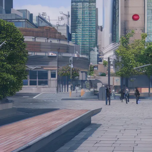 Image similar to tokyo and london city 2055 outdoor plaza photograph, unreal engine 4k concept art render octane