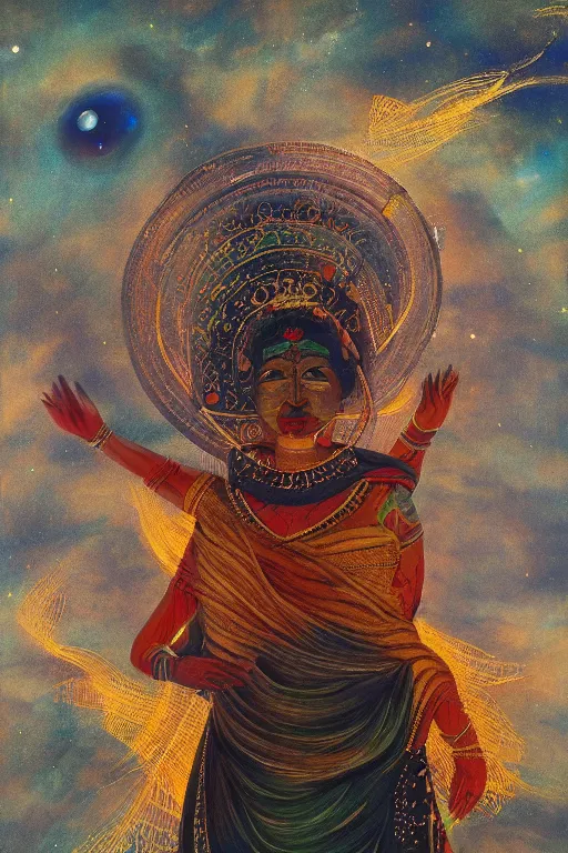 Prompt: a hyperrealistic portrait of an Indian diety flying in the cosmos, by rlon wang, 8k