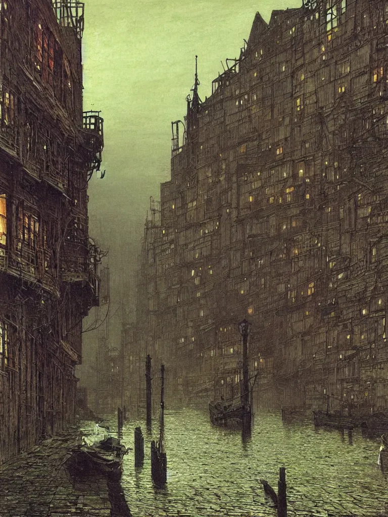 Image similar to docks in an old town by john atkinson grimshaw