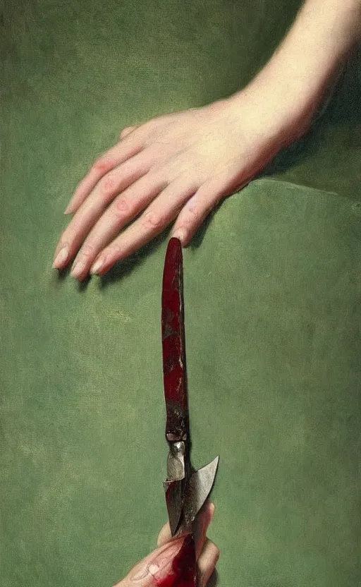 Image similar to by 1 9 th century famous painter, hands, nail polish, blood smear, blood dripping, knife, realism, realistic, oil painting, green wallpaper background