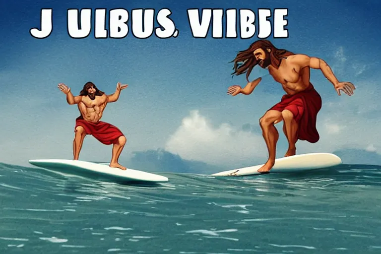 Image similar to jesus surfing the vibe wave