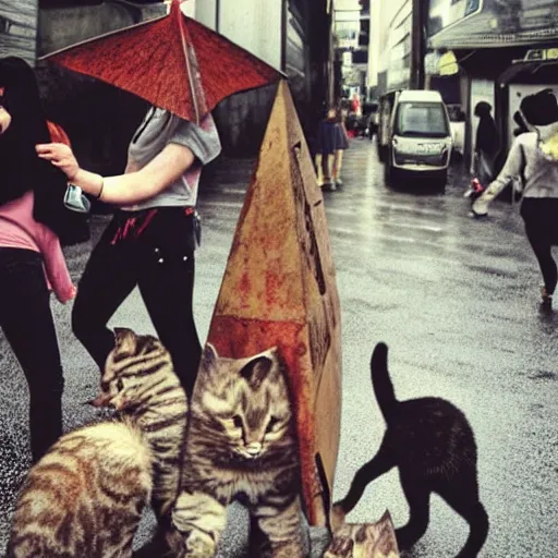 Prompt: pyramid head from silent hill petting a group of kittens in the rainy streets of Tokyo