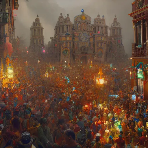 Image similar to carnaval de barranquilla, comprehensive art, thorough details, intricate, artstation, atmosphere, highly detailed, symmetrical, craig mullins, cinematic, digital painting, deviantart, cinematic lighting, 4 k