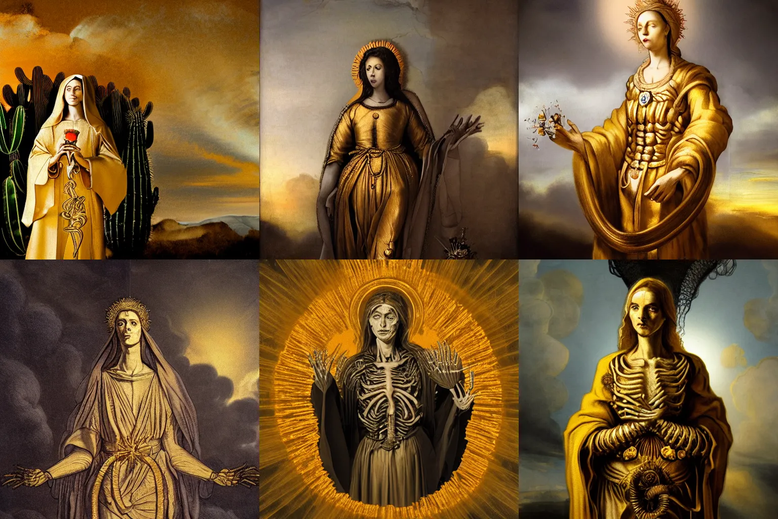 Prompt: golden metalic skeleton female saint with warm backlight, full body, white and black catholic virgin robe and cactus aureola, holding a rose. background: whirlpool of clouds forming a ring. sunset light. barren land beneath with serpents. apocalyptic. rembrandt style