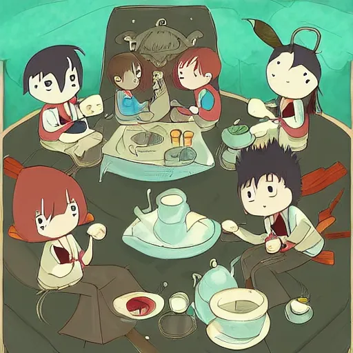 Image similar to tiny imaginary creatures having a tea party inside a human's beard. anime. in a style of hayao miyazaki.