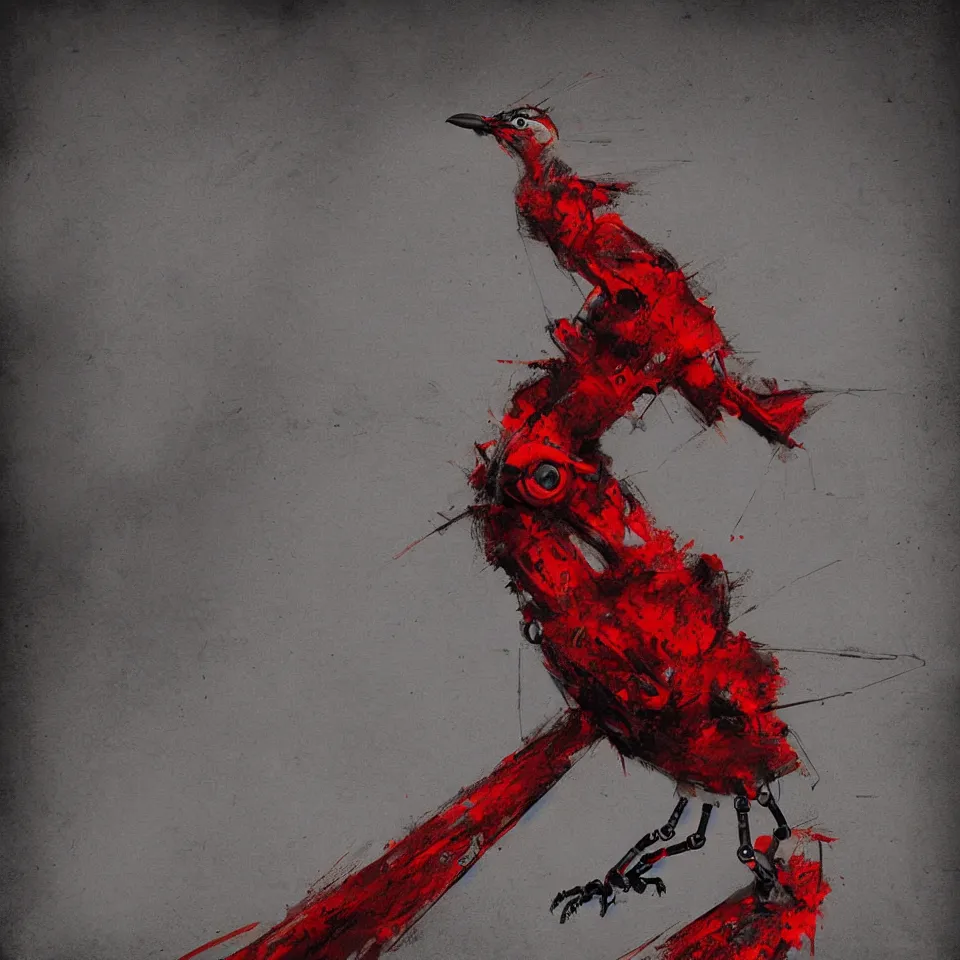 Image similar to robotic bird, digital painting, digital art, beautiful, cinematic, 4 k, ultra hd, art by ben templesmith, dynamic lighting, black and red color scheme