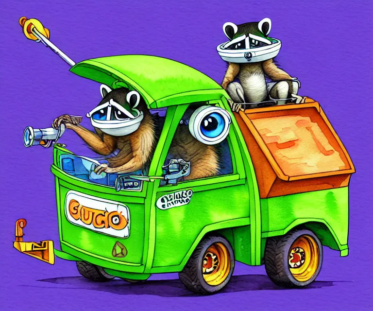 Image similar to cute and funny, racoon wearing goggles driving a tiny garbage truck, ratfink style by ed roth, centered award winning watercolor pen illustration, isometric illustration by chihiro iwasaki, edited by craola, tiny details by artgerm and watercolor girl, symmetrically isometrically centered