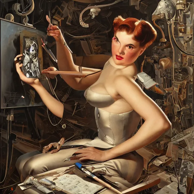 Image similar to cyborg artist painting a self - portrait on a canvas. intricate, highly detailed, digital matte painting in the style of gil elvgren and in the style of h. r. giger. irony, recursion, inspiration.