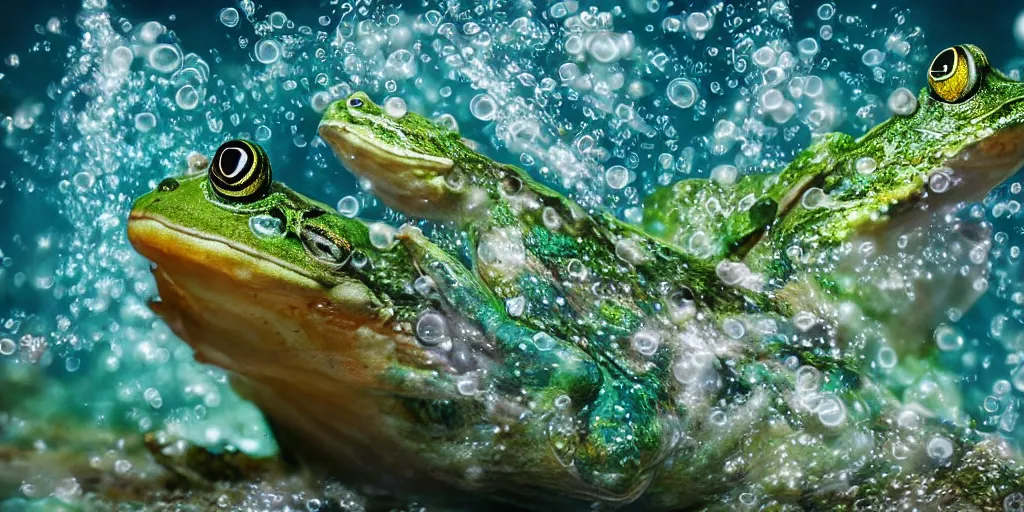 Prompt: a very intricately detailed underwater photo of a fish cuddling with a frog. a lot of bubbles, diffracting the light. extreme detail, artstation hq, 8 k