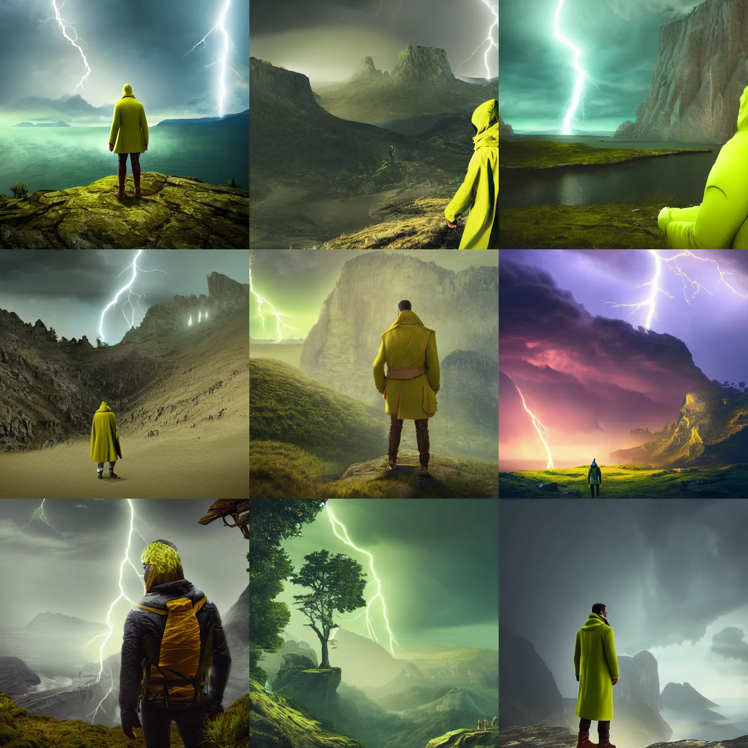 Prompt: Beautiful digital art of an adventurer in a lime coloured coat covering his face looking to the side with epic landscape in background, 4K Ultra HD, dramatic lightning, trending on artstation, high detail, epic composition, Octane render