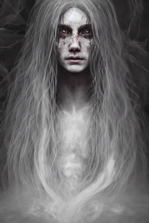 Image similar to the ghost with long hair, ultra realistic horror, concept art, intricate details, highly detailed, photorealistic, octane render, 8 k