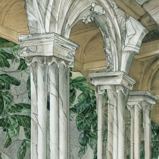 Prompt: delicate marble white garden on paper floating puffy vines botanical 1 9 2 0 herbarium botanic watercolors river rain iridescent 8 k wide angle realistic shaded fine details, artstation italian rainbow colonnade oak pinecone gardena architecture pompeii