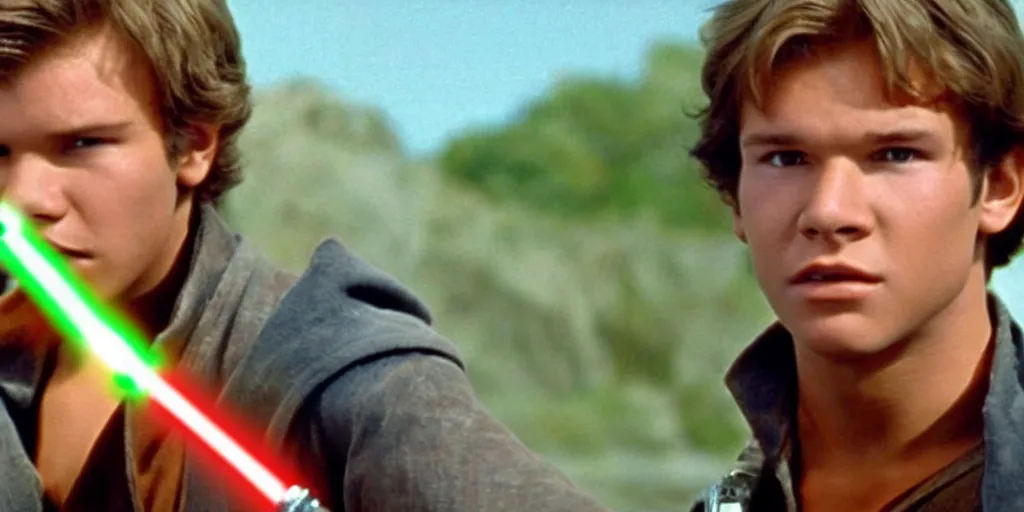 Image similar to A full color still from a film of a teenage Han Solo as a Jedi padawan holding a lightsaber hilt, from The Phantom Menace, directed by Steven Spielberg, 35mm 1990